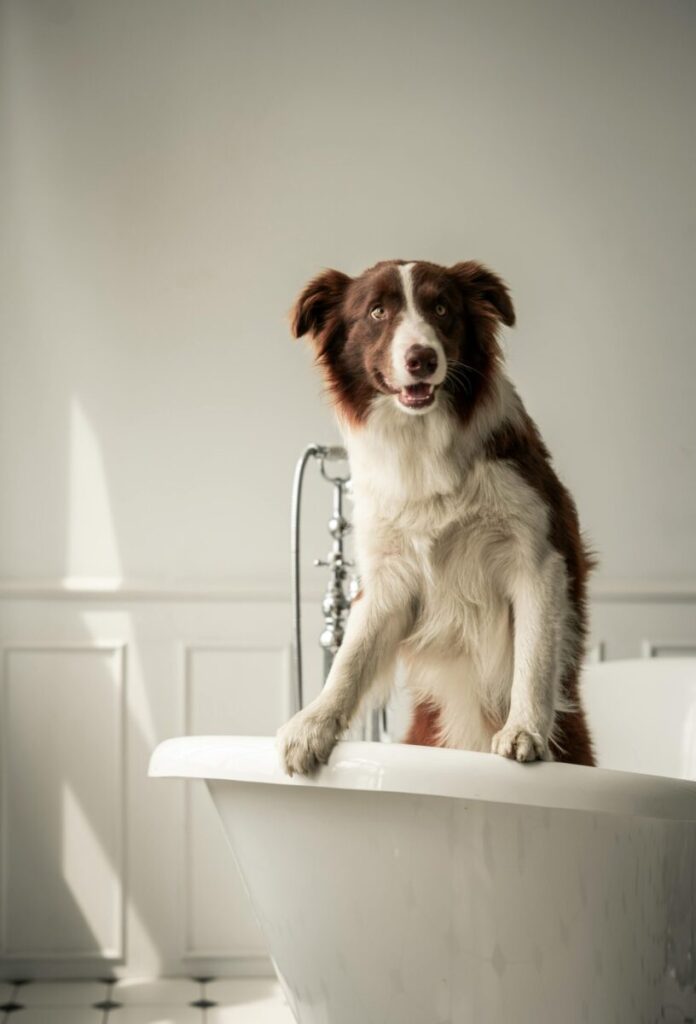Adorable border collie dog standing playfully in a white bathtub indoors.